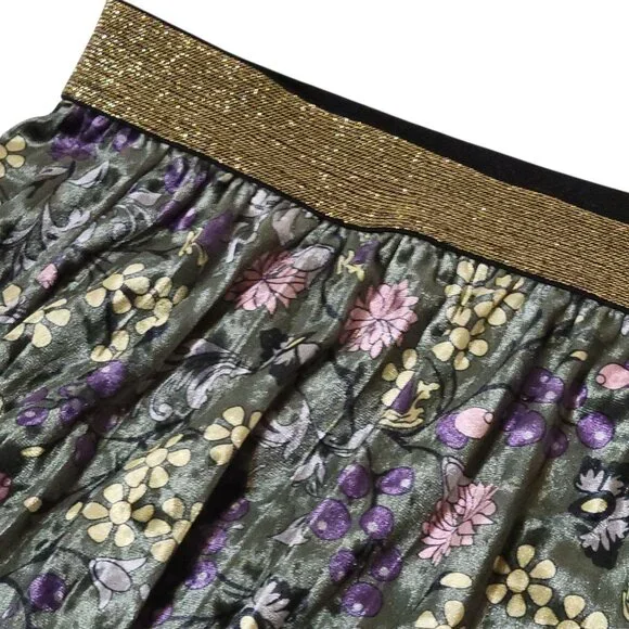 ModCloth Floral Pleated Green Velvet Skirt 1X Gold Waistband Retro Fairycore - Picture 3 of 16